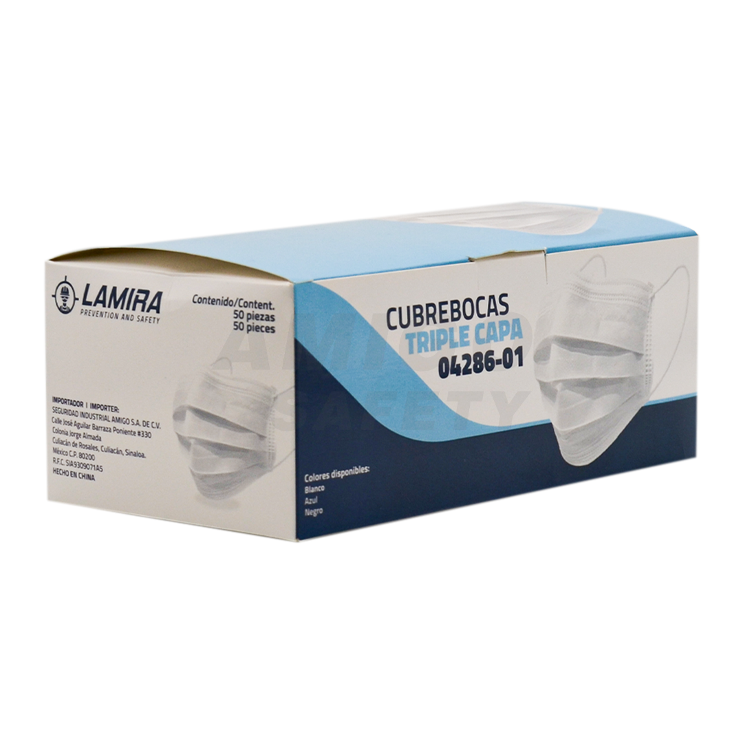 Cubrebocas Polipropileno Plisado Triple Capa LAMIRA (Paq. con 50 Pieza) Blanco. - 1