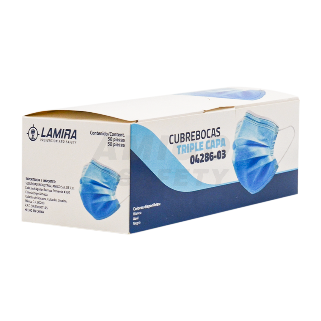 Cubrebocas Polipropileno Plisado Triple Capa LAMIRA (Paq. con 50 Pieza) Azul. - 1
